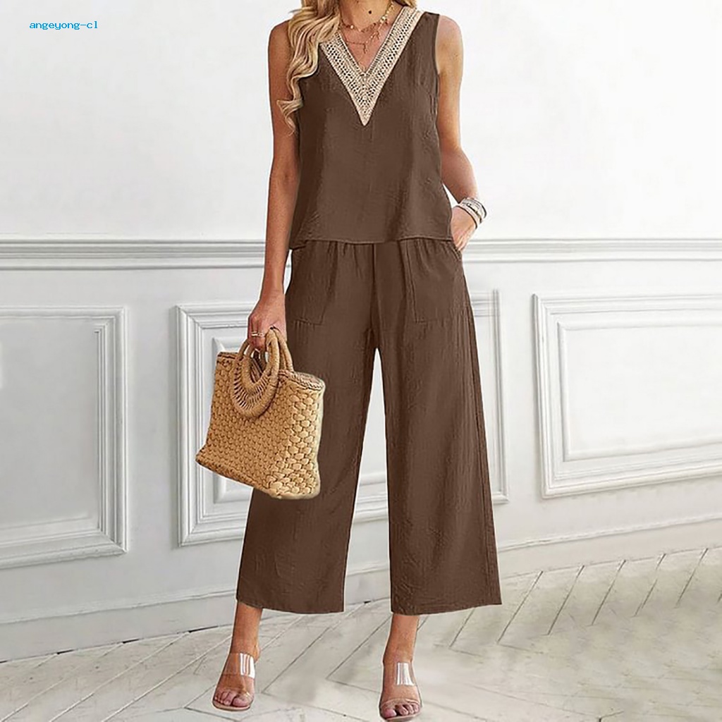 Bộ Áo Cổ Chữ V Không Tay Phối Ren + Quần Dài Thoải Mái Thời Trang Mùa Hè Cho Nữ