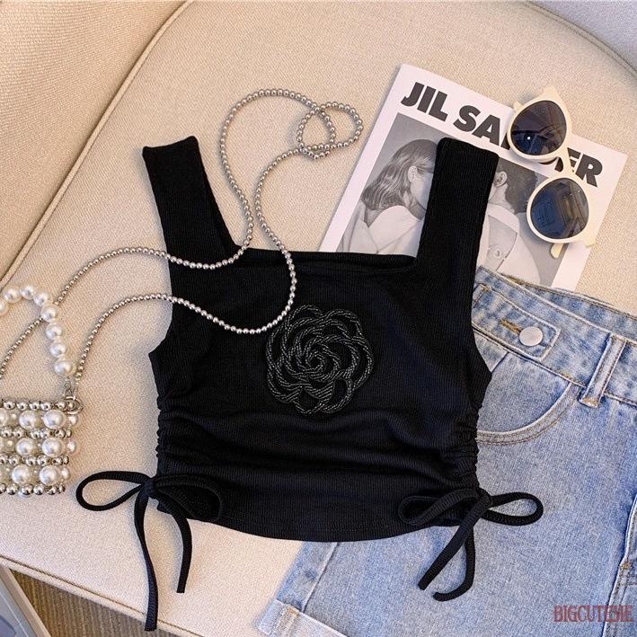 Áo Croptop Không Tay Dây Rút Hở Lưng Thêu Hoa Thời Trang Mùa Hè Dành Cho Nữ