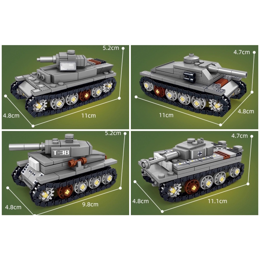 Set 1475 Mô Hình Xe Tăng MOC WW2 8 Trong 1 Karl Cannon T34 T38 Stug Tiger M4 Sherman M26 KV1 Mới