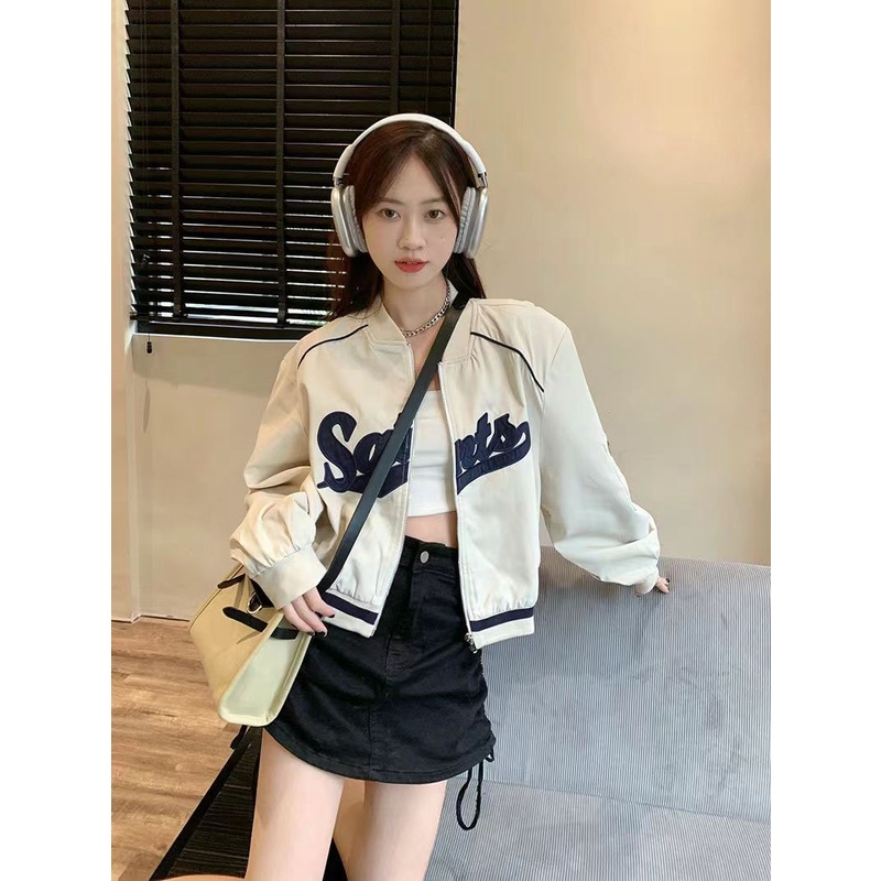 Áo Khoác Bóng Chày Tay Dài Có Khóa Kéo Màu Sắc Tương Phản Phong Cách Retro Mỹ 2023 Cho Nữ