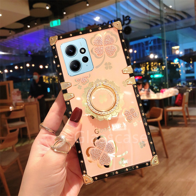 Ốp Điện Thoại Hình Cỏ Ba Lá Đính Đá Gắn Nhẫn Đỡ Cho Xiaomi Redmi Note 12 Pro 12Pro Note12 Note12Pro 4G 5G 2023