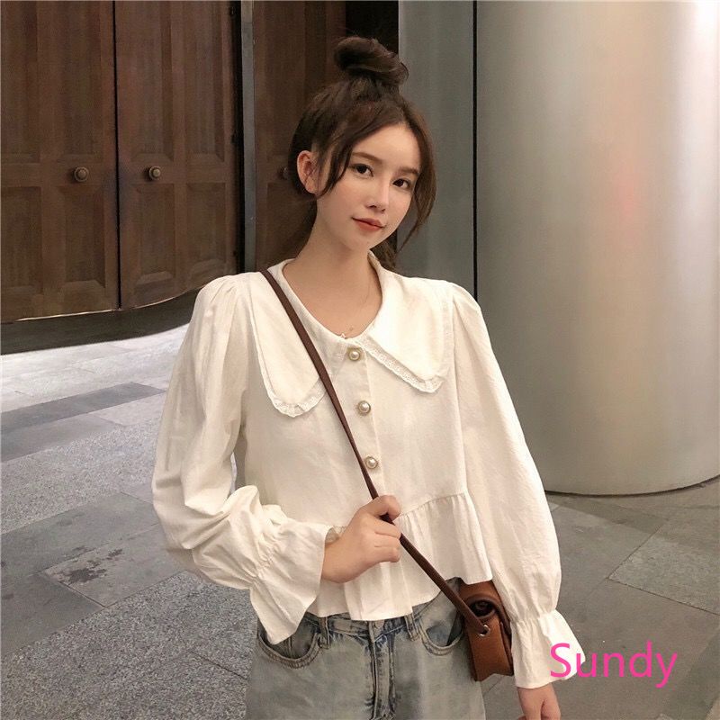 Áo Sơ Mi Tay Phồng Cổ Búp Bê Dáng Rộng Thời Trang Xuân Thu Dành Cho Nữ