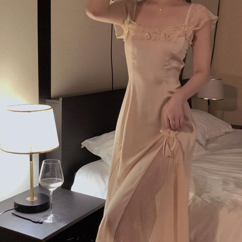 Đầm Ngủ Dáng Dài Tay Ngắn Có Đệm Ngực Phối Ren Và Nơ Phong Cách Mùa Hè Dành Cho Nữ