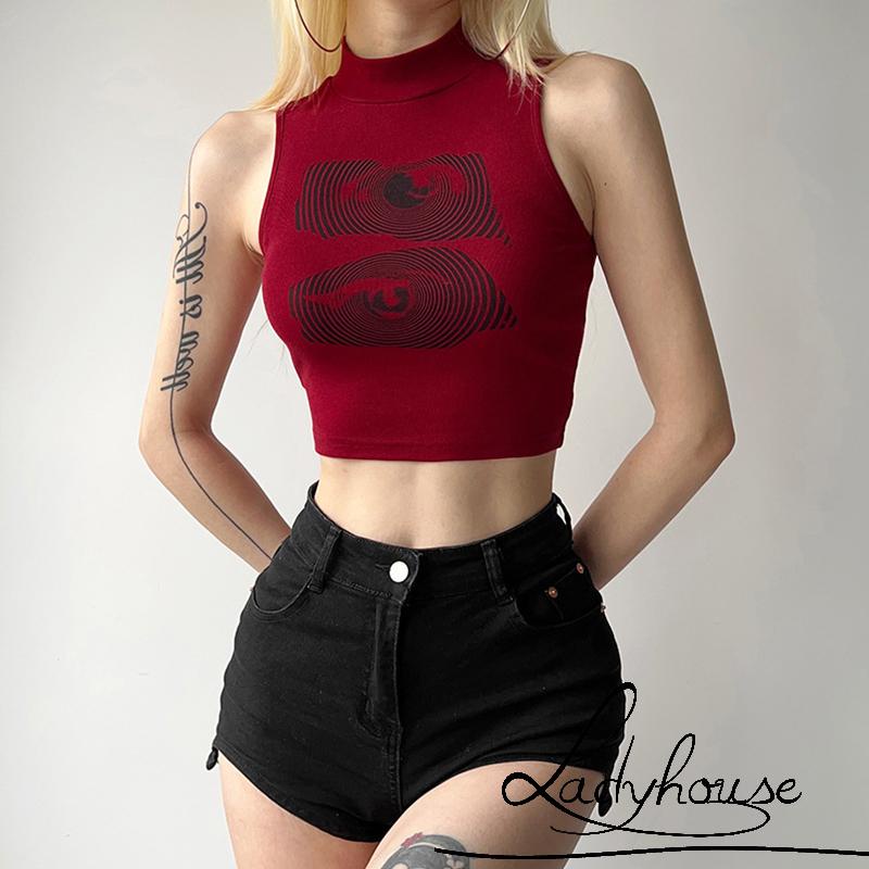 Áo Croptop Không Tay Cổ Cao In Họa Tiết Màu Đỏ Thời Trang Mùa Hè Cho Nữ