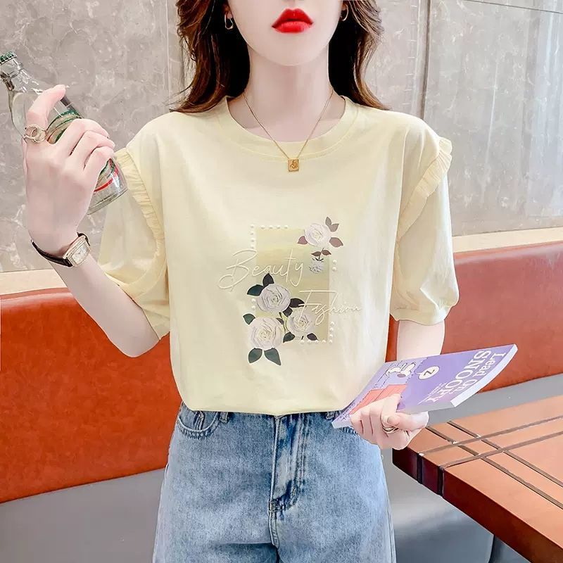 Áo Thun 100% Cotton Tay Ngắn Cổ Tròn Dáng Rộng Thời Trang Mùa Hè Phong Cách Phương Tây Dành Cho Nữ