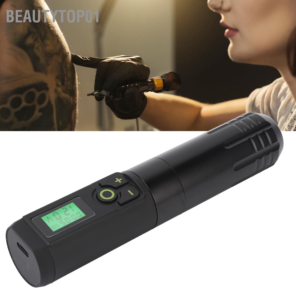 BeautyTop01 Bút quay không dây Chức năng hẹn giờ Hộp mực 2000mAh Máy xăm pin có màn hình hiển thị màu đen