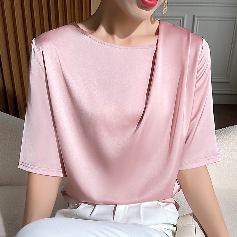 Áo Sơ Mi Tay Ngắn Cổ Tròn Dáng Rộng Vải Lụa Satin Thời Trang Mùa Hè Xinh Xắn Cho Nữ