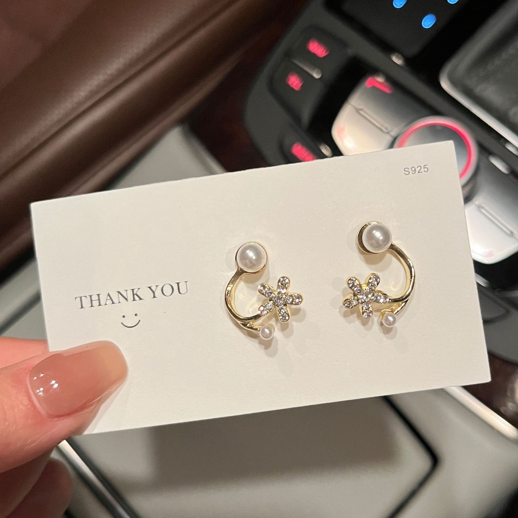 Bông Tai Mạ Bạc 925 Hình Hoa Đính Ngọc Trai Thời Trang Cho Nữ