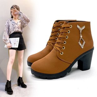 Giày Bốt Cao Gót Mũi Tròn Đế Dày Buộc Dây Cá Tính Phong Cách Hàn Quốc Cho Bạn Gái