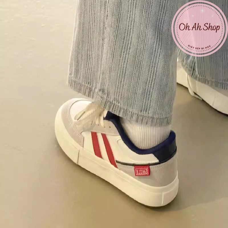 🍓  Giày Nữ Đi Học Giày Vải Canvas Màu Xám Kẻ Đỏ Gót Navy Loại 1  Ohahshopgiaydep