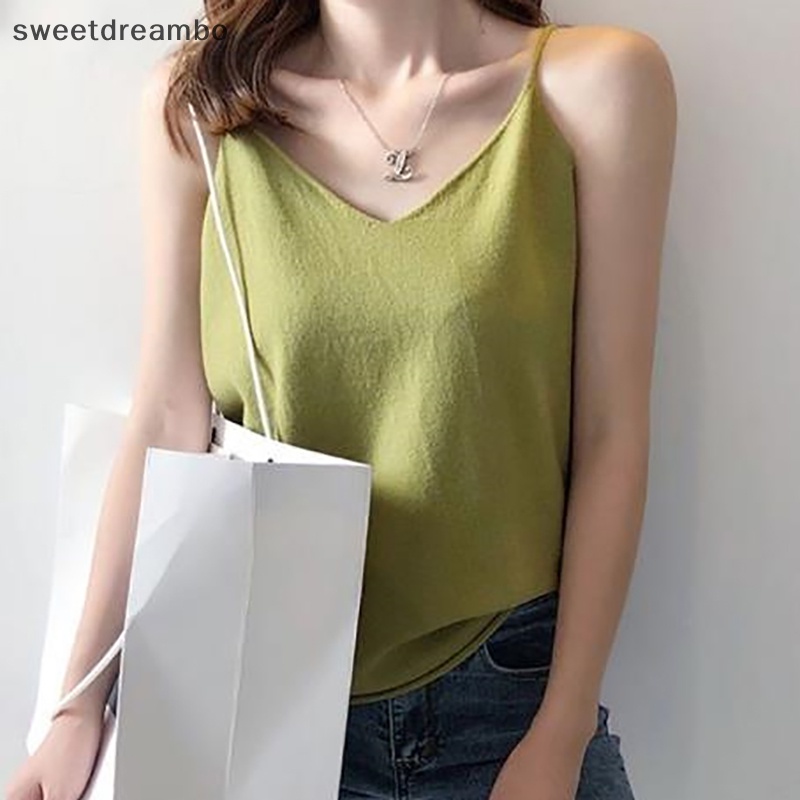Áo hai dây dệt kim cổ chữ V thời trang mùa hè Áo ba lỗ dáng rộng thường ngày màu trơn cho nữ