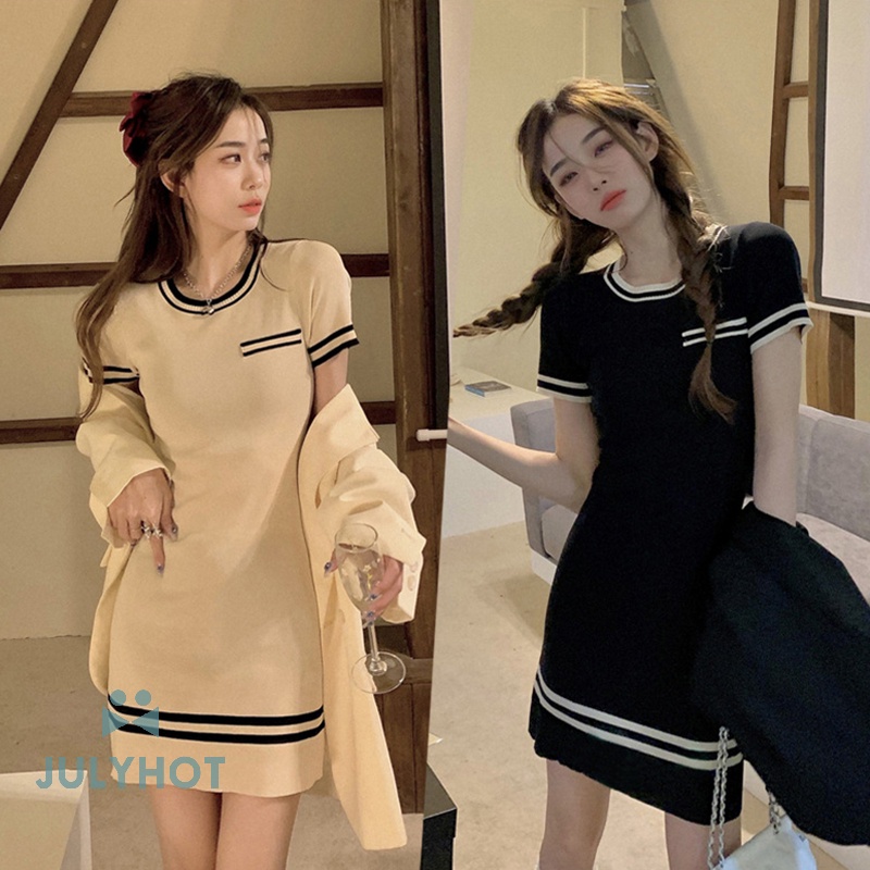 Mùa Hè Mát Mẻ Giản Dị Lỏng Rắn Màu Dresses Đối 2023 Phụ Nữ Ngắn Tay Áo Vòng Cổ Nữ Quần Áo Cổ Điển Thẳng Đảng Mini DressĐan Sọc A-line Dresses VN