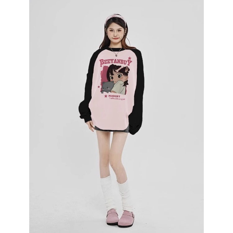NRVP Mới Áo Thun Nữ Tay Dài 100% Cotton Cổ Tròn Oversize