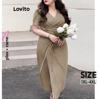 Đầm Lovito xẻ tà bất đối xứng xếp nếp màu trơn thường ngày tôn dáng size lớn cho nữ LPS09068 (Màu kaki)