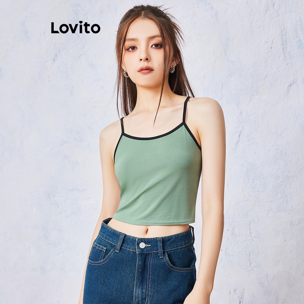 Áo hai dây Lovito len gân không tay dáng ôm viền trơn tương phản L00008