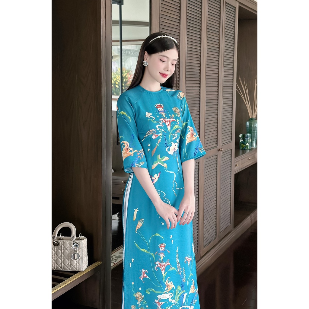 Áo dài cách tân chất liệu tơ óng in họa tiết cao cấp-  Xưởng Áo Dài Cách Tân - AD64