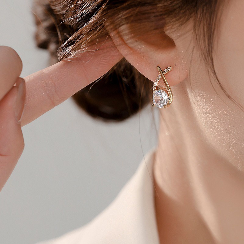 Bông Tai Hình Chữ Thập Đính Đá Zircon Đơn Giản Cho Nữ