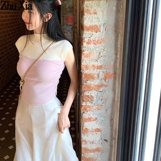 Zhu Xia Áo Dệt Kim Sát Nách Cổ Lọ Màu Sắc Tương Phản Thời Trang Cho Nữ