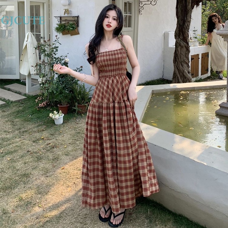Đầm Hai Dây Dáng Chữ A Họa Tiết Sọc Caro Phong Cách Vintage Gợi Cảm