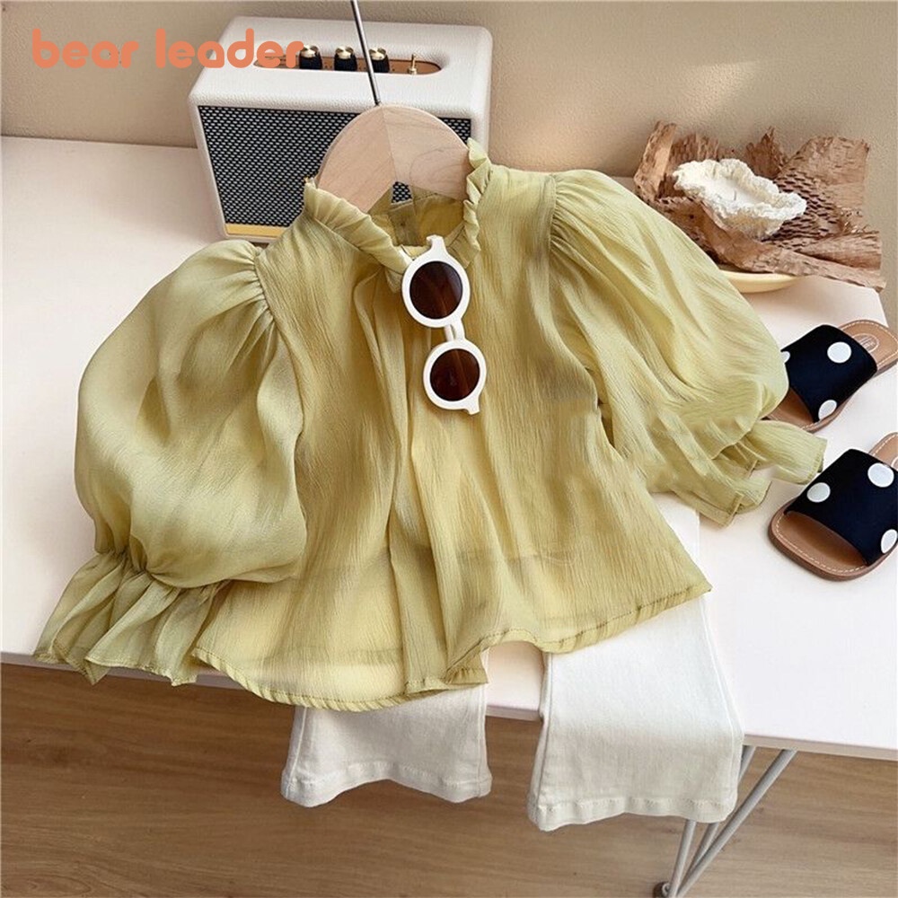 Bear leader bộ quần áo thường ngày cho bé gái 2023 mới mùa hè ren viền cổ áo bong bóng tay áo 3/4 tay áo + quần bộ hai mảnh