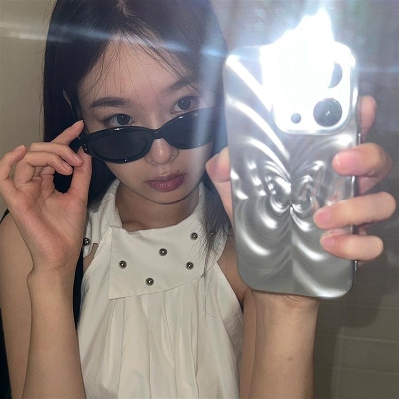 Y2k silver butterfly 3d water ripple phone case iphone 14 13 12 11 pro max món quà bìa mềm phong cách dễ thương hàn quốc