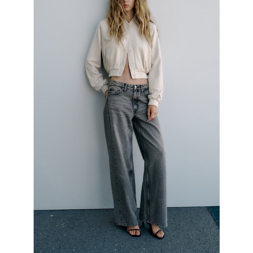 Zara autumn new stand neck silk satin textured short pilot jacket coat 4432771