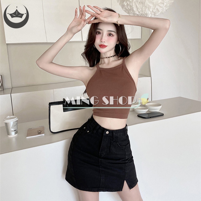 Áo Hai Dây Mùa Hè Màu Trơn Có Mút Đệm Ngực Cho Nữ