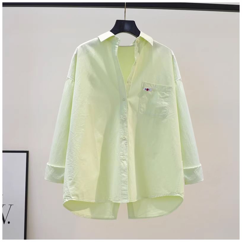 Lưng Áo Sơ Mi cotton Tay Dài Dáng Rộng Xẻ Tà Màu Xanh Lá Cây Phong Cách Hàn Quốc Thời Trang Mùa Thu 2023