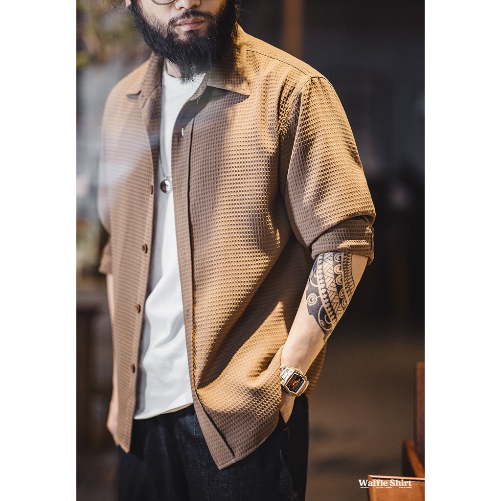 Maden brand men youth stable party 2023 mùa thu mới của mỹ thường xuyên waffle áo sơ mi dài tay dệt kết cấu áo sơ mi kẻ sọc chống nhăn hàng đầu