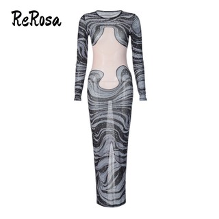 Rerosa women midi dress hollow out translucent gauze 2023 phong cách thời trang mới slim fit dài tay cổ tròn
