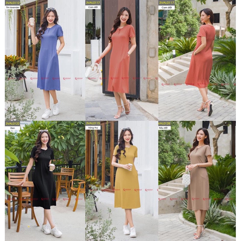 Đầm Nữ 𝐂𝐀𝐑𝐃𝐈𝐍𝐀 Chất Vải Tăm lạnh Co giãn Cổ trụ tay cộc Mã 3VAL01