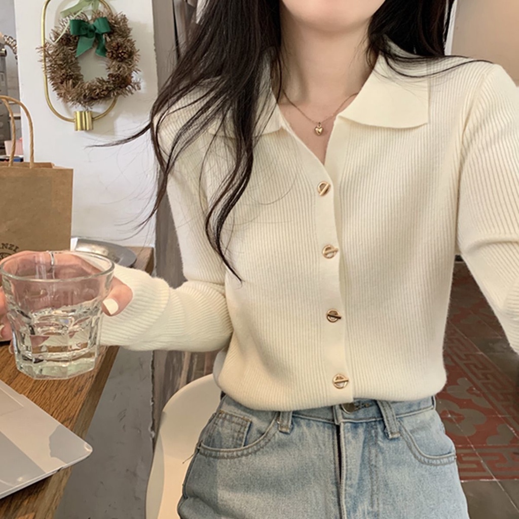 Autumn winter long-sleeved t-shirt phụ nữ polo collar sweater base top
