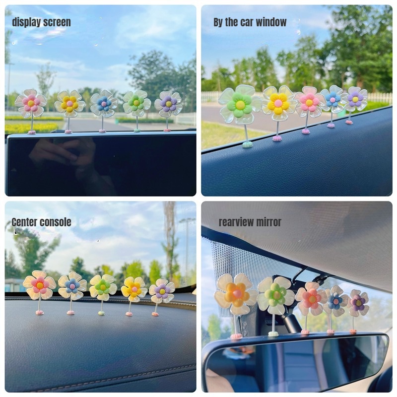Xe lắc đầu trang trí cánh hoa, màn hình bảng điều khiển trung tâm, phim hoạt hình trang trí nội thất ô tô