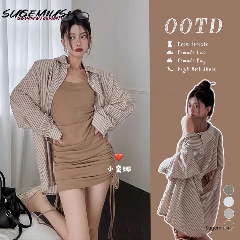 Sugemiusi autumn loose striped shirt women back hollow long-sleeved shirt drawstring pleated dress short skirt two-piece suit