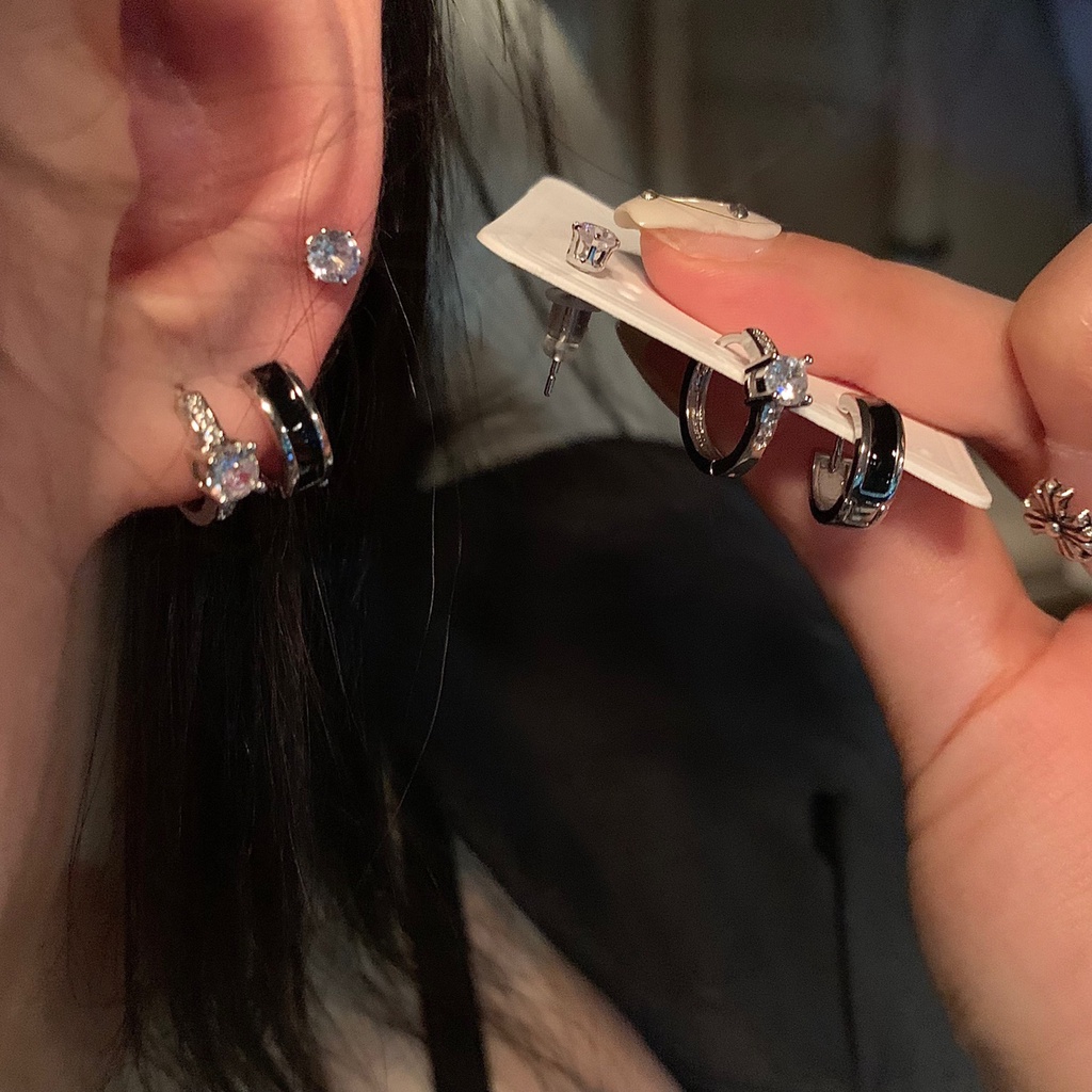 Set 6 khuyên tai AY mạ bạc đen đính đá pha lê nhân tạo thời trang đơn giản dành cho nữ