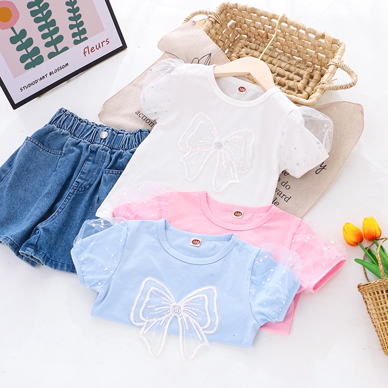Áo Thun Cotton Tay Phồng Đính Kim Sa Lấp Lánh Thời Trang Mùa Hè Dành Cho Bé Gái