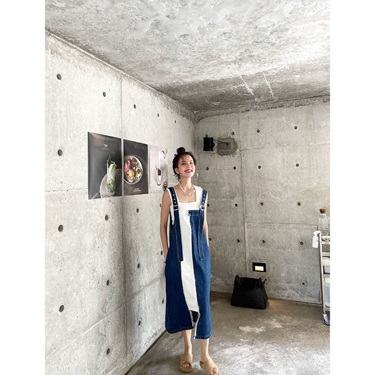 Đầm Yếm Denim Dáng Dài Không Tay Màu Sắc Tương Phản Phong Cách Hàn Quốc Thời Trang Mùa Thu 2021 Cho Nữ