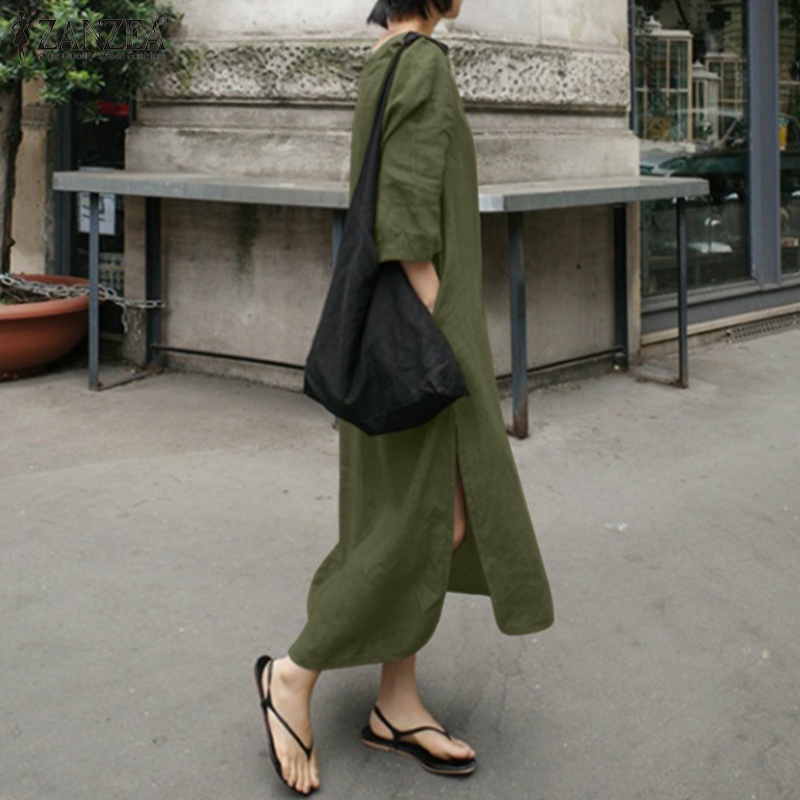 Zanzea Đầm Nữ Dài Tay Cổ Chữ V Xẻ Tà Quyến Rũ