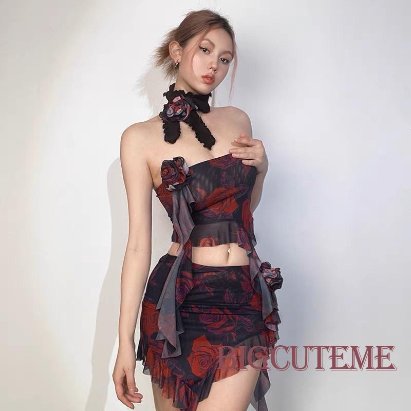 Bộ Trang Phục 2 Mảnh Gồm Áo Trễ Vai Không Tay + Chân Váy Ngắn In Hoa Thời Trang Cho Nữ