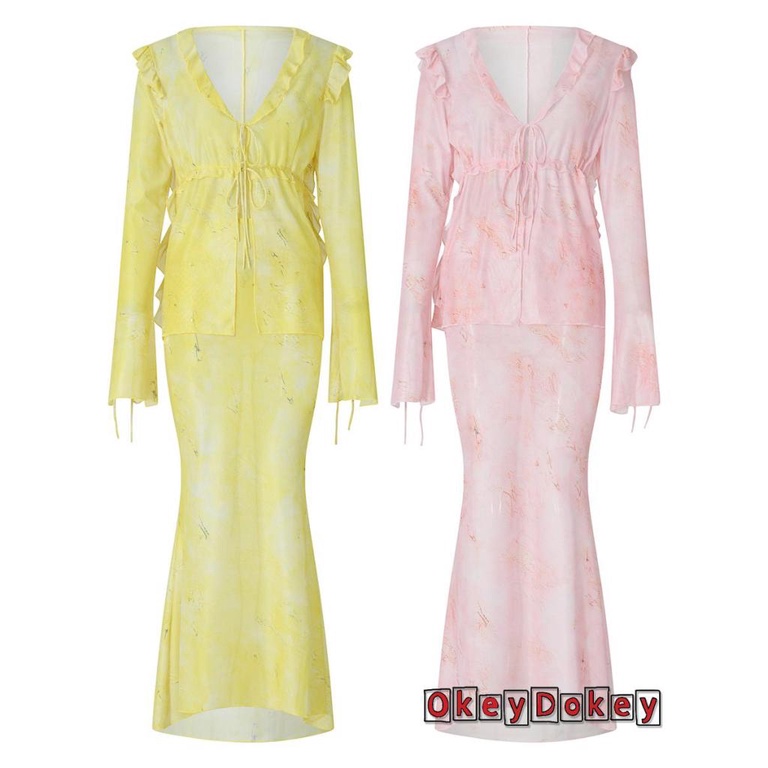 Okdk-bộ Áo Lưới Xuyên Thấu Buộc Dây Trước Và Chân Váy Dài Mùa Hè Cho Nữ
