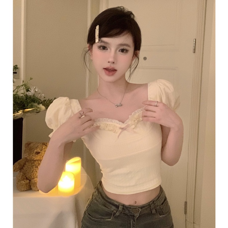 Áo Thun Nữ Ngắn Tay Cổ Tròn Đính Nơ Thời Trang Hàn