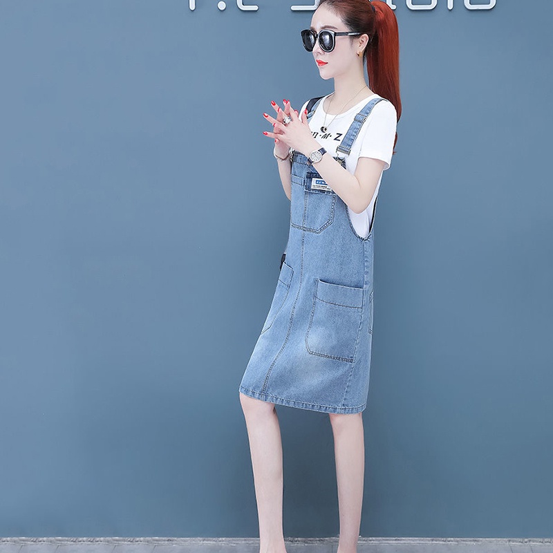 IELGY Đầm Yếm denim Ngắn Tay Phong Cách Hàn Quốc Thời Trang Cho Nữ