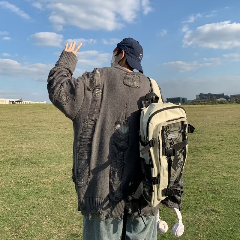 Áo Sweater Rách Dáng Rộng Phong Cách Đường Phố Nhật Bản Thời Trang Thu Đông Dành Cho Nam