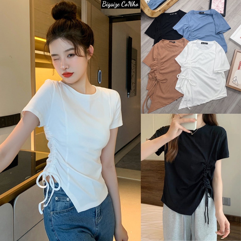 Áo thun kiểu bigsize nữ cổ tròn rút một bên xẻ tà cách điệu, Áo phông nữ oversize chất liệu thun gân co giãn G35