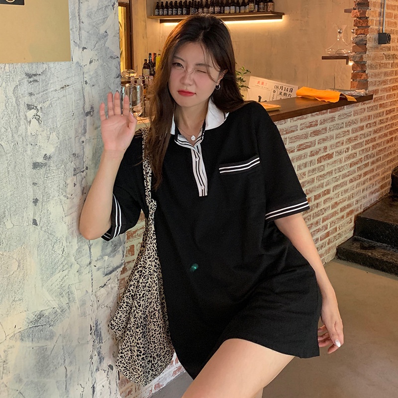 IELGY  Áo Thun cotton Lửng Cổ Polo Ghép Màu Tương Phản Dễ Thương Cho Nữ