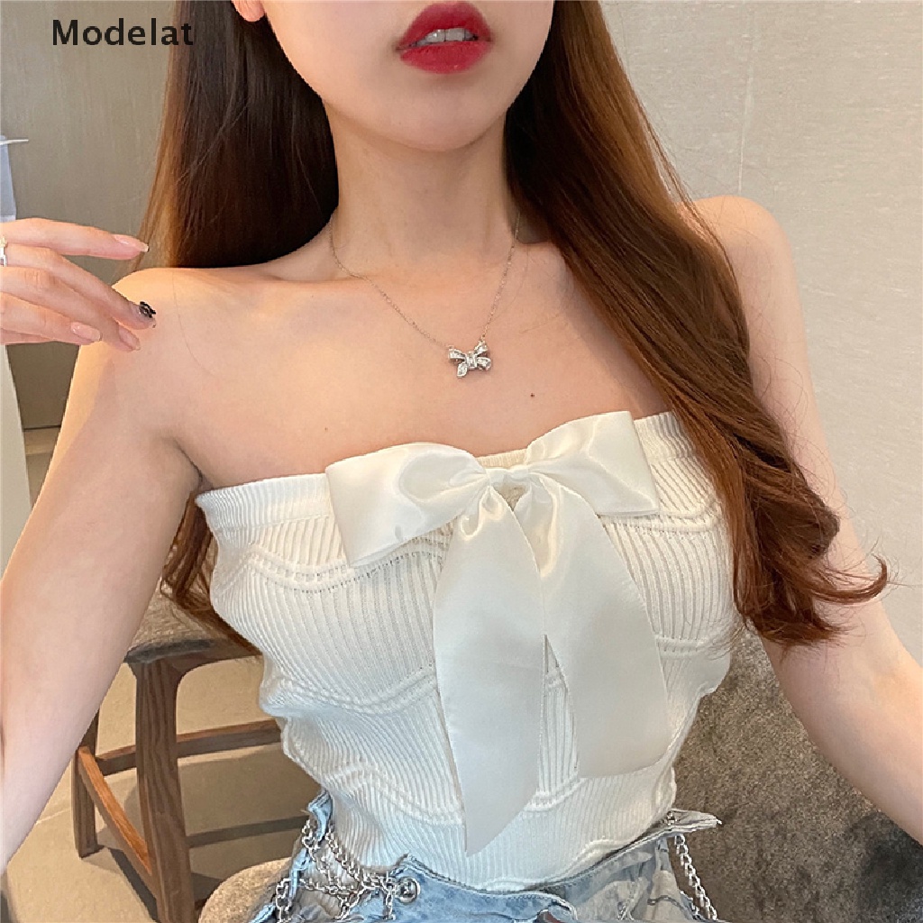 GJCUTE Áo Croptop Dệt Kim Không Tay Dáng Ôm Màu Trơn Đính Nơ Gợi Cảm Thời Trang Mùa Hè Cho Bạn Gái