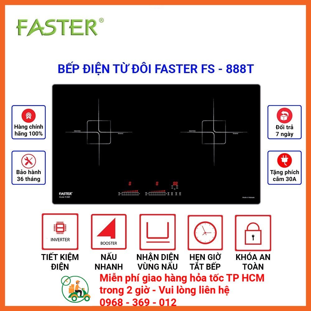 Bếp từ Faster FS - 888T. Bếp điện từ đôi hai lò từ, inverter tiết kiệm điện, để được dương và âm, bảo hành 3 năm.