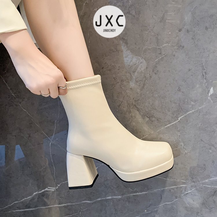 JINxCHOY Giày bốt JINXCHOY gót cao mũi vuông màu trơn thời trang thoải mái cho nữ