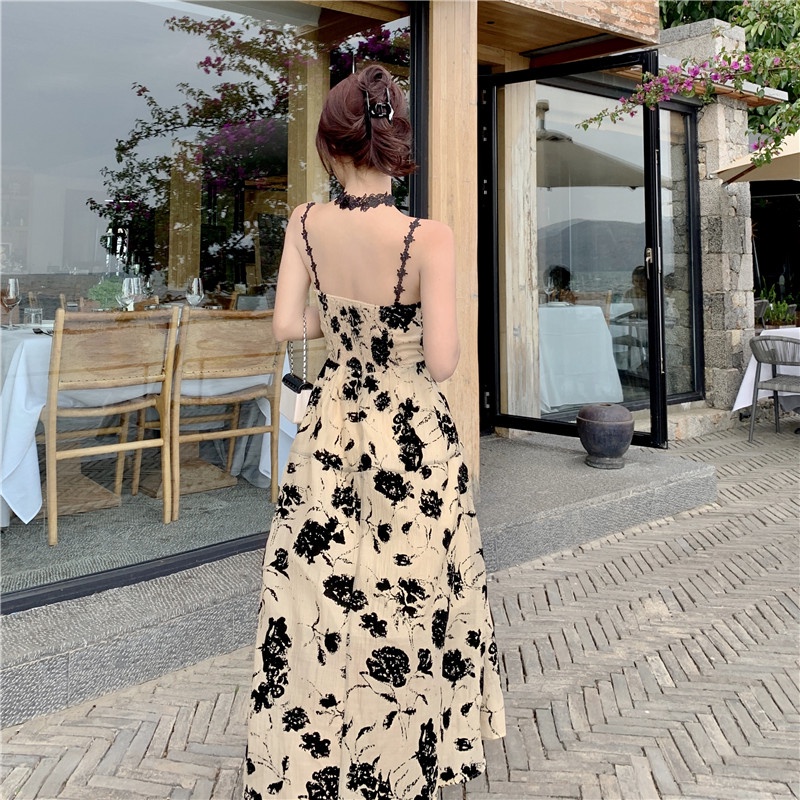 Đầm Midi Hai Dây Họa Tiết Hoa Phong Cách Retro Hàn Quốc Cho Nữ