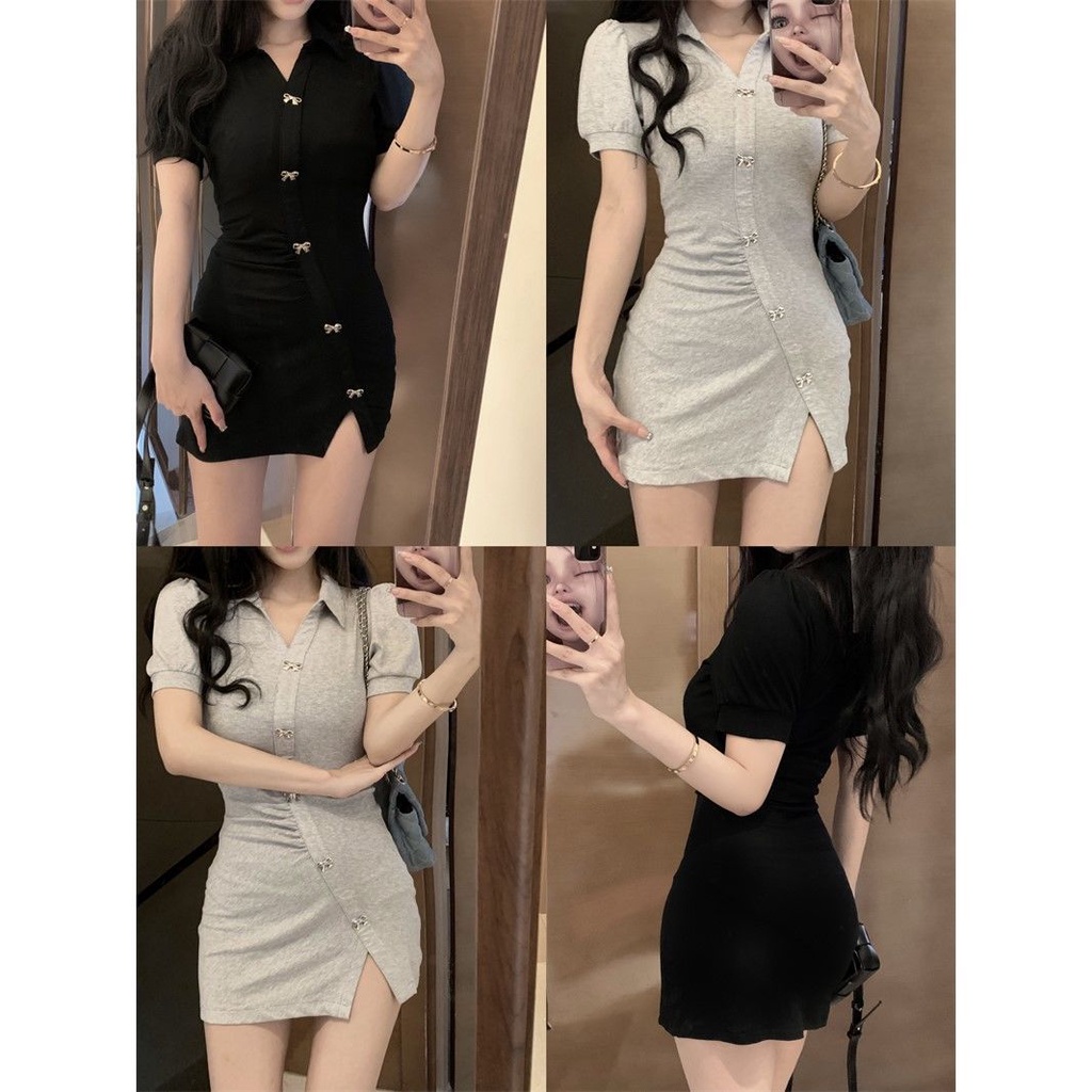 Đầm Ngắn Ôm Dáng Tay Phồng Cổ Polo Duyên Dáng Thời Trang Mùa Hè Hàn Quốc 2022 Dành Cho Nữ